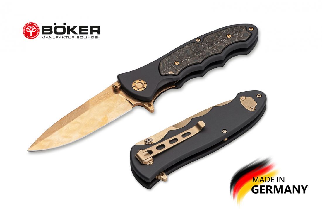 Складной нож Boker Manufaktur 110227DAM Leopard-Damascus III Gold